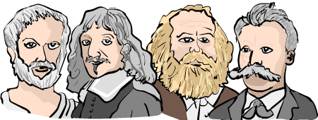 Dibujo a color de cuatro filósofos