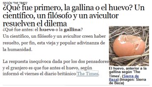 captura de pantalla del titular de la noticia "Quin fue primero, la gallina o el huevo?"