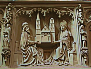 Alto relieve que representa a dos personas sujetando una iglesia en miniatura.