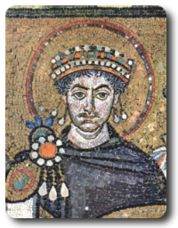Fotografía del mosaico de la corte del emperador Justiniano 1