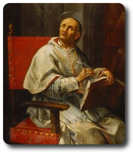 Imagen de Pedro Damian sentado con un libro y una pluma en sus manos